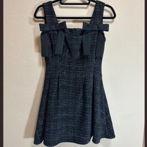 Tweed Squareneck Sleeveless Black and White Ribbon Detail Dress